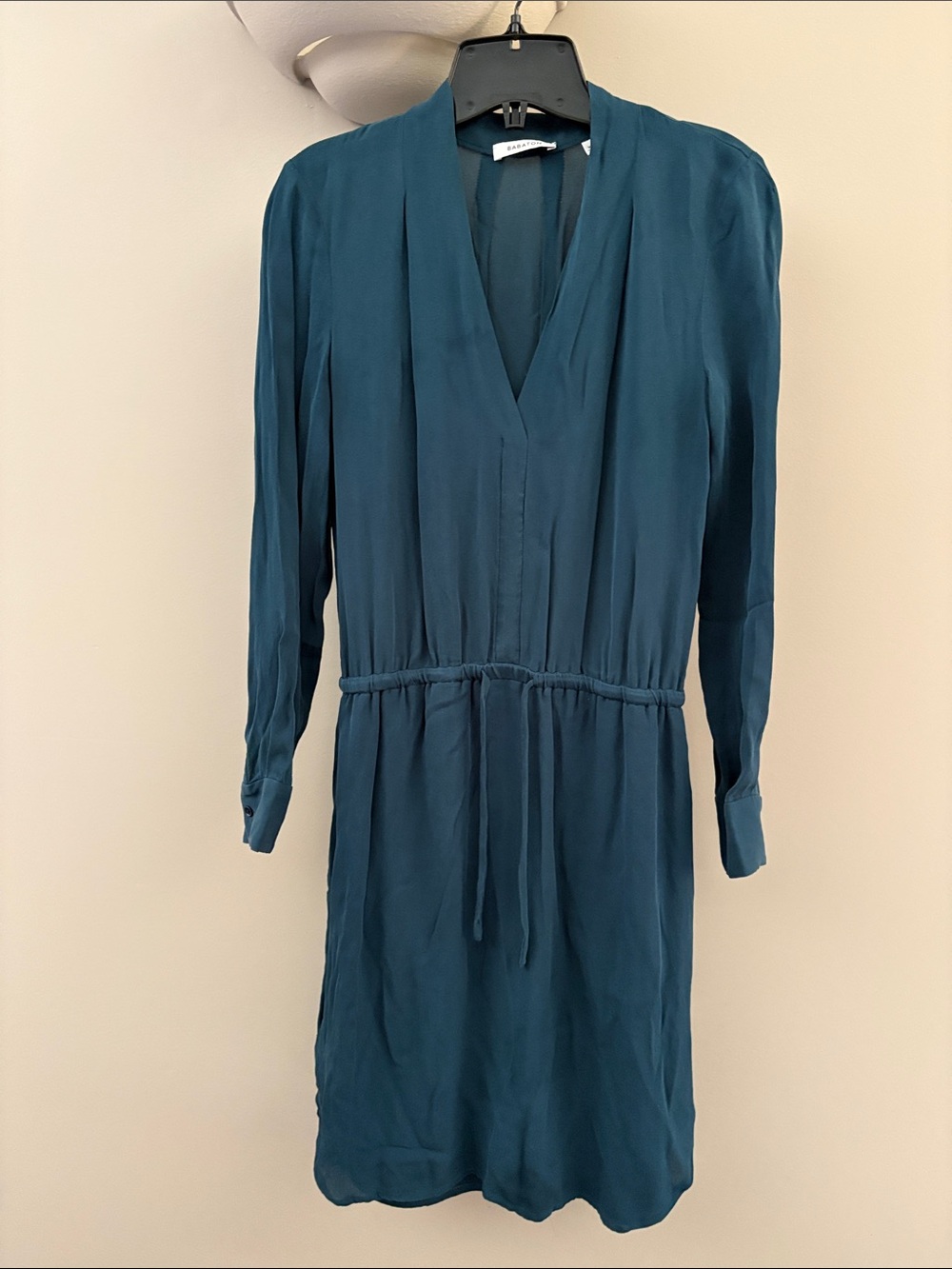 Babaton Teal V-Neck Long Sleeve Drawstring Dress